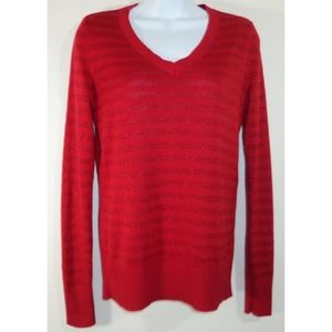 Charter Club Womens XS Red Ribbed Knit Metallic Thread V Neck Sweater